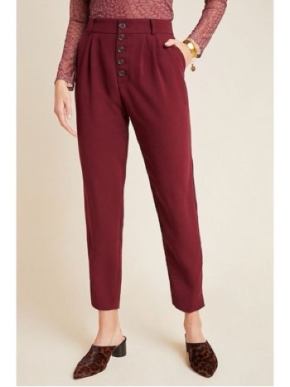 NWT Anthropologie Sasha Button Fly Tapered Ankle Trousers in Wine 14
